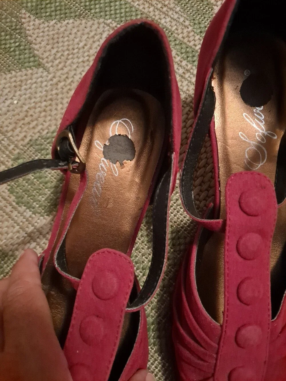 Red Suede T-Strap Heels with Pleated Front and Button Detail